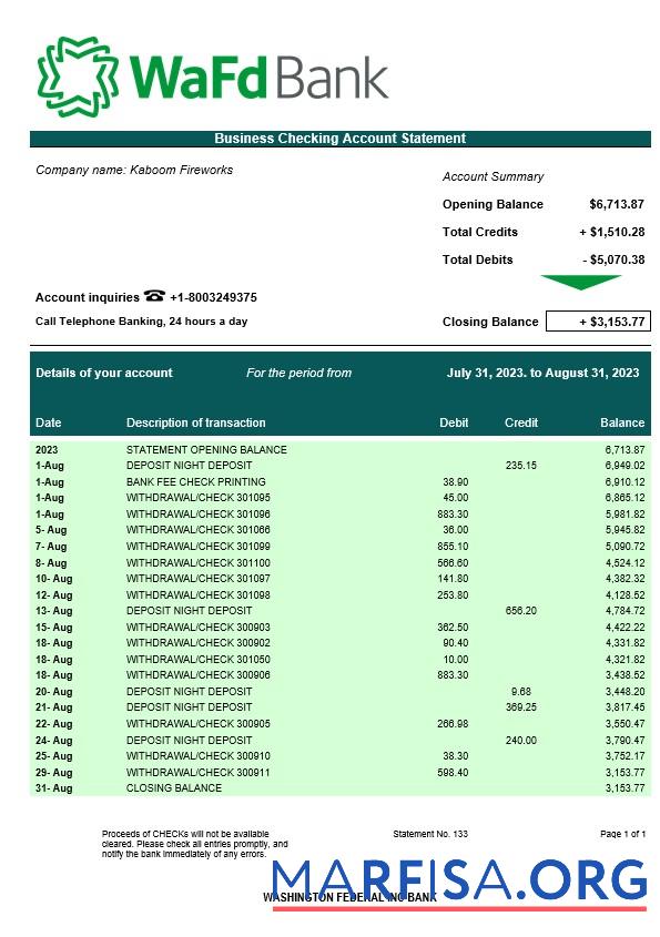 Printable Washington Federal Inc Bank business checking account statement Word and PDF template